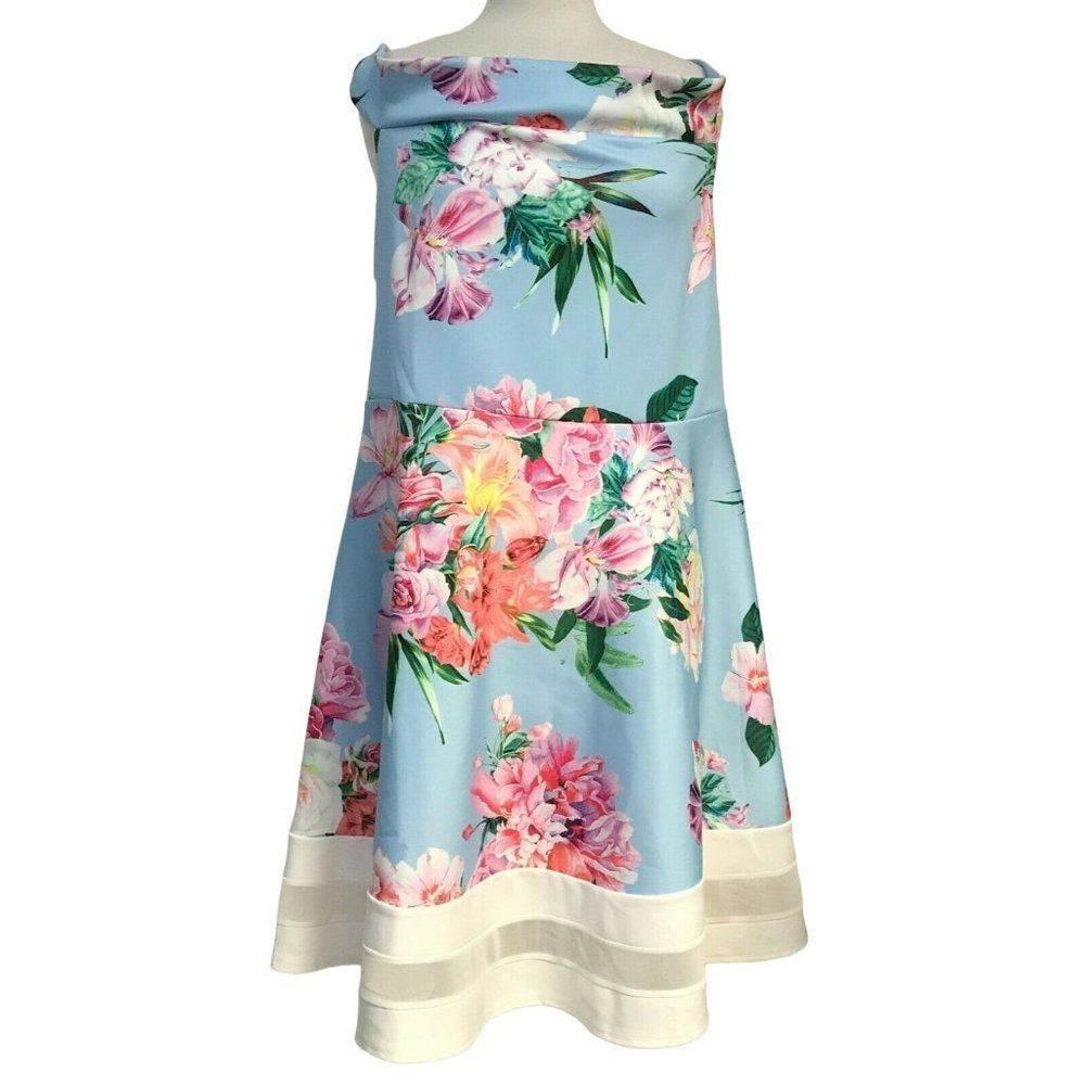 Quiz Womens Off Shoulder Fit & Flare Dress Sz 20 Blue Floral Detailed Hem  NEW